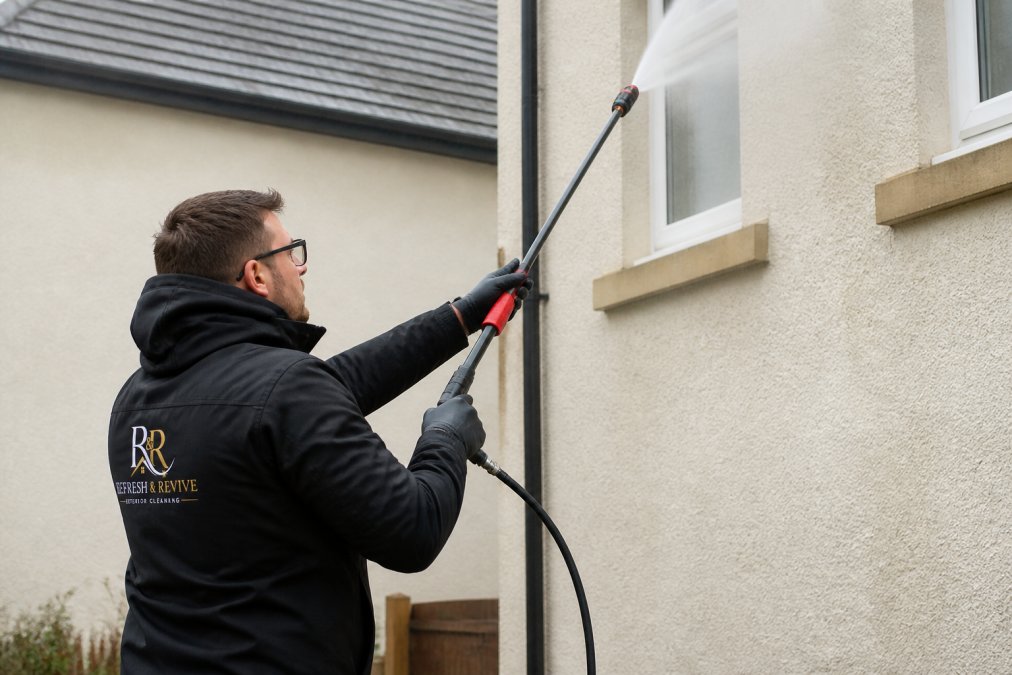 Professional demonstrating soft washing equipment being applied to residential render or siding, showing low-pressure nozzle in action with controlled water spray and mist against exterior wall in daylight