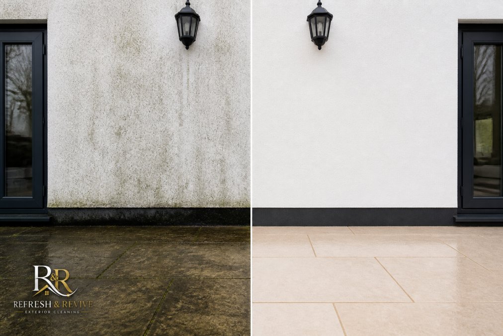 Before and after comparison showing residential render or patio surface transformed from moss-covered and grimy appearance to clean and restored finish, with clear visual difference in colour and surface condition