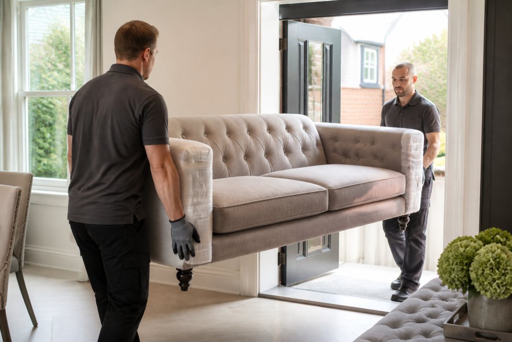 Two professional delivery workers in uniform carefully carrying a large upholstered sofa through a bright, modern living room doorway, using protective padding on the corners and wearing work gloves