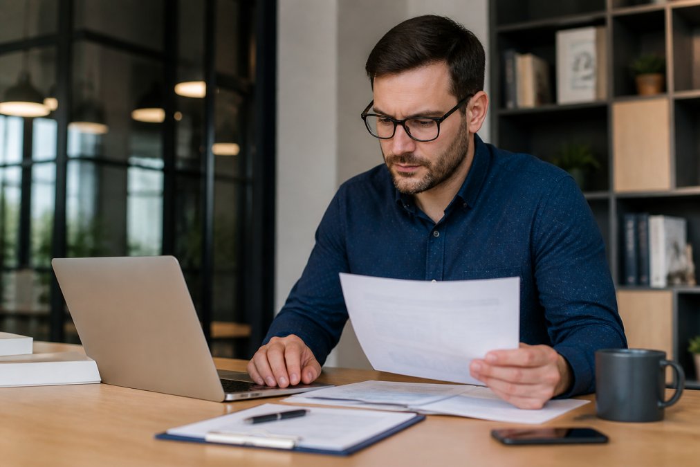 Business owner reviewing financial statements at a desk with a laptop and coffee, focused expression, natural office lighting