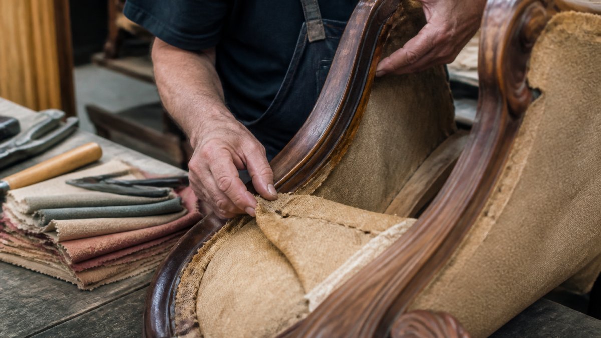 Upholsterer inspecting the worn fabric and wood frame of vintage dining chairs in a workshop with tools nearby.