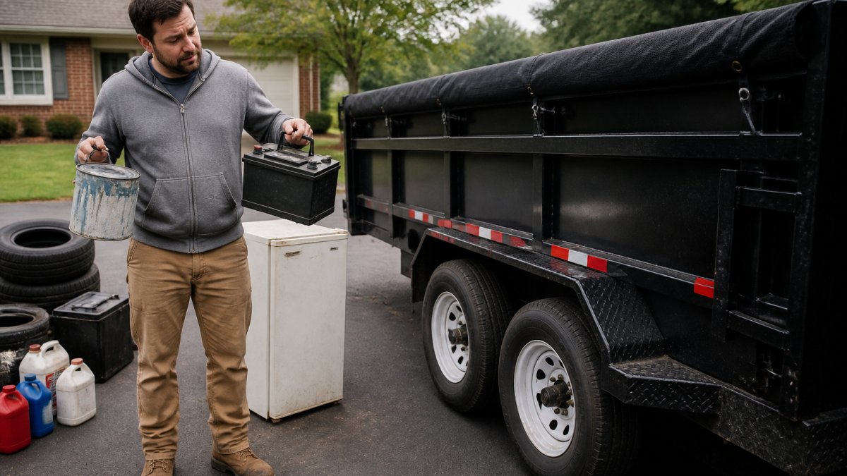A homeowner in work clothes standing beside a rented dump trailer in a driveway, holding a paint can and a car battery with a questioning expression, other household items like a mini-fridge and tires visible in the background
