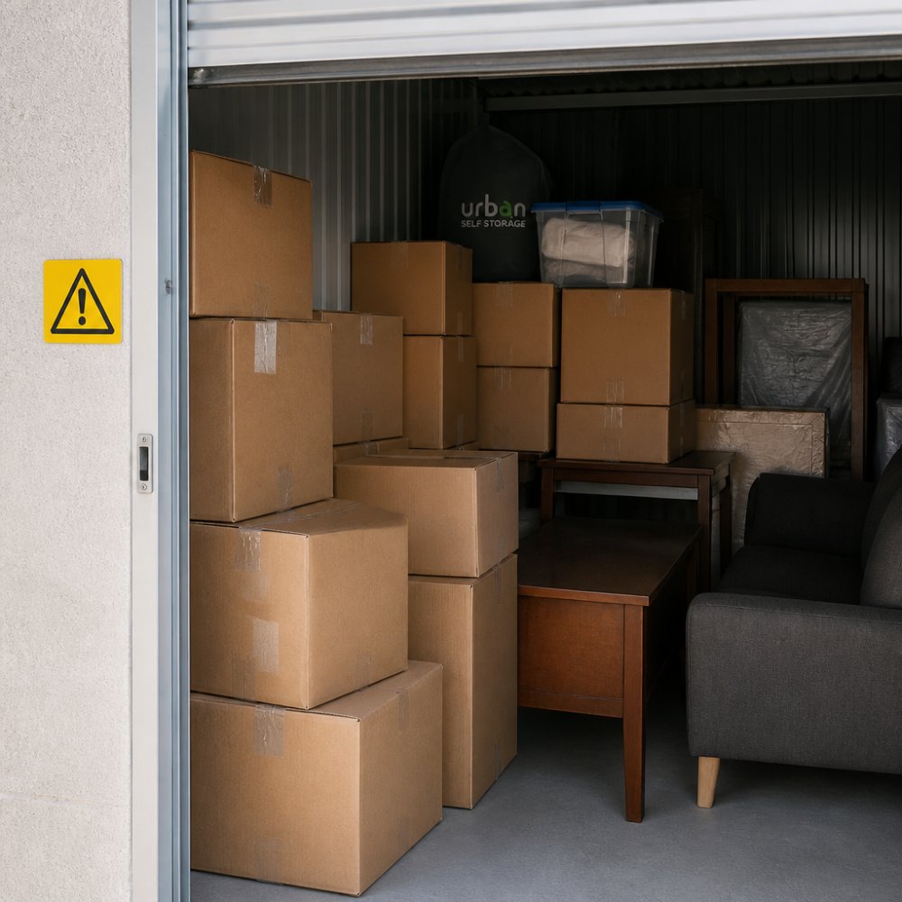 Close-up of storage unit interior showing properly organised boxes and furniture stacked neatly, with a yellow warning label visible on the unit door frame