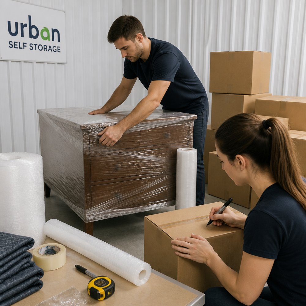 Person wrapping wooden furniture with protective plastic sheeting in a bright, clean storage facility, carefully labelling cardboard boxes with a permanent marker