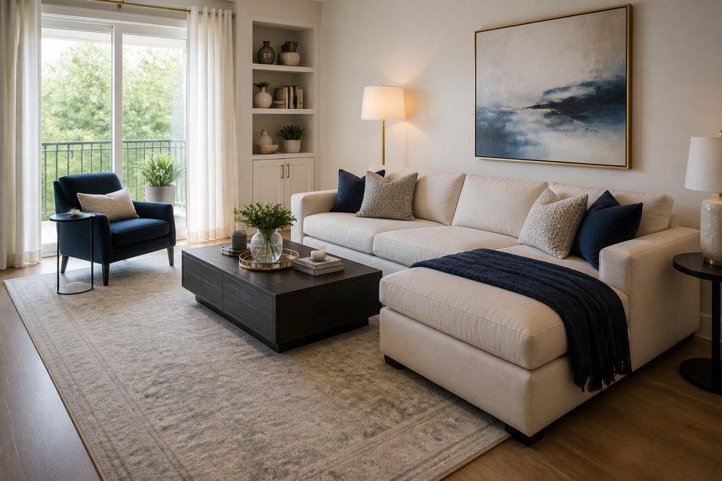 A bright, well-styled living room with a cohesive color palette, layered textures, a large area rug, and carefully placed decor accents under warm ambient lighting, contrasting a polished high-end space against a cluttered, mismatched arrangement
