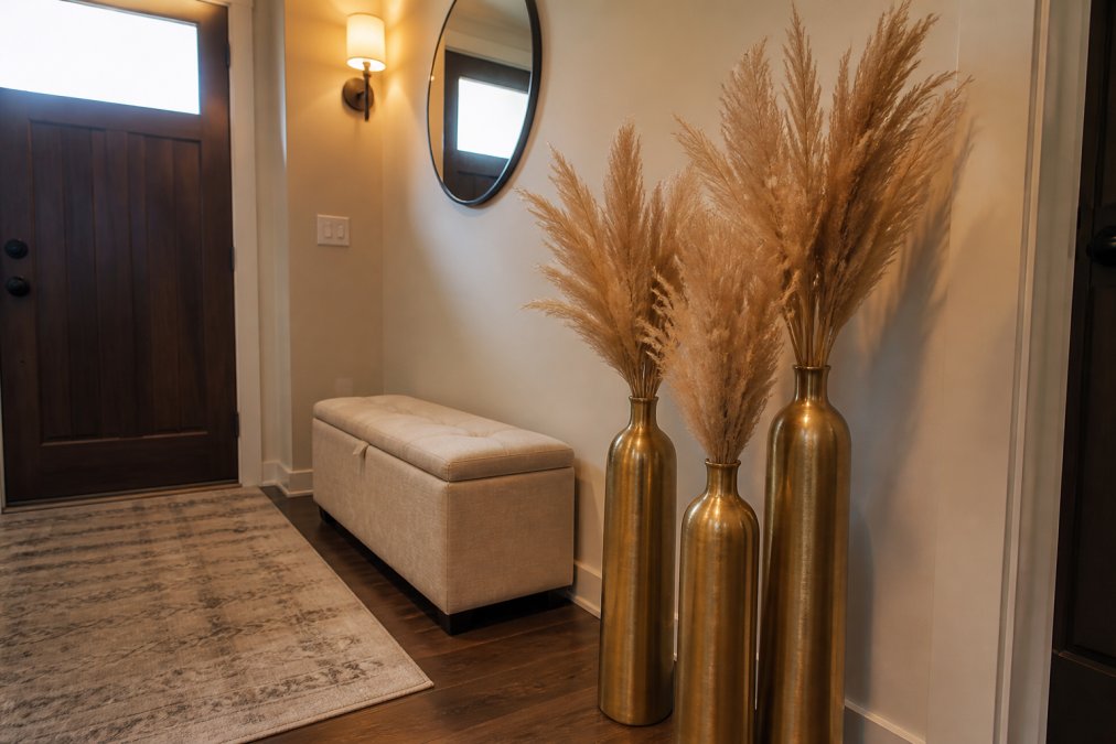 A stylishly decorated entryway featuring three tall gold-plated metal floor vases with dried pampas grass arranged in a corner, a plush storage ottoman bench nearby, and warm ambient lighting casting soft shadows on neutral walls
