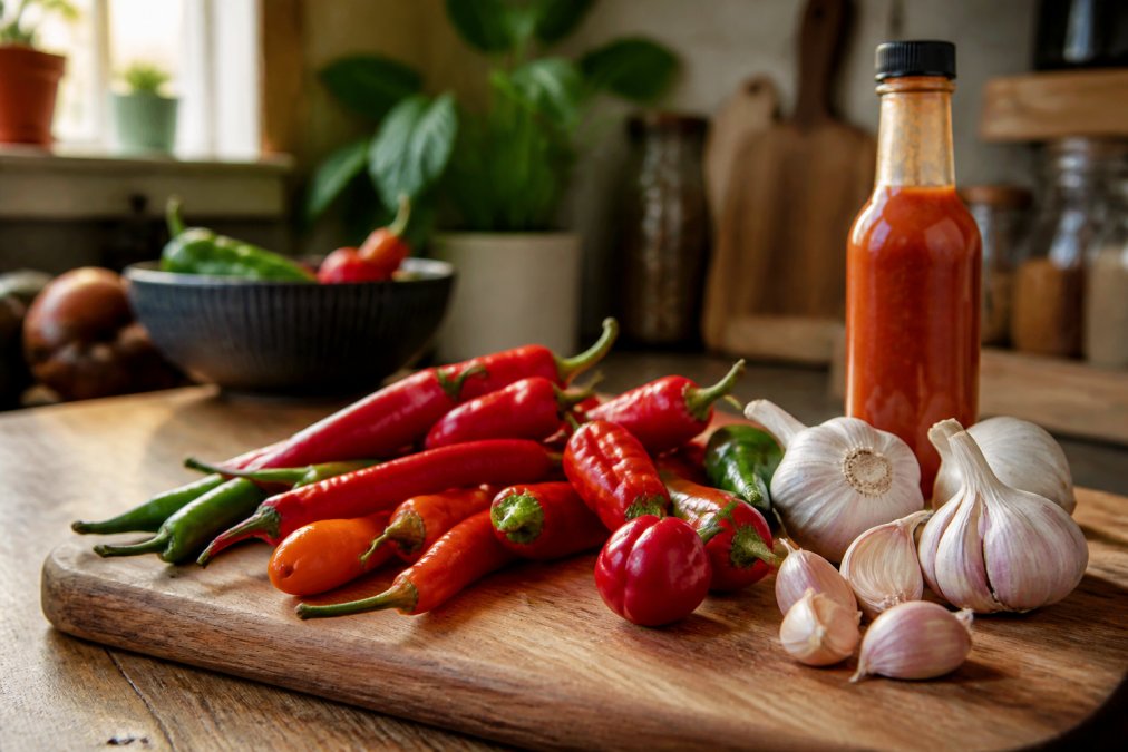 Fresh chili peppers and garlic cloves on a rustic wooden cutting board next to a bottle of hot sauce