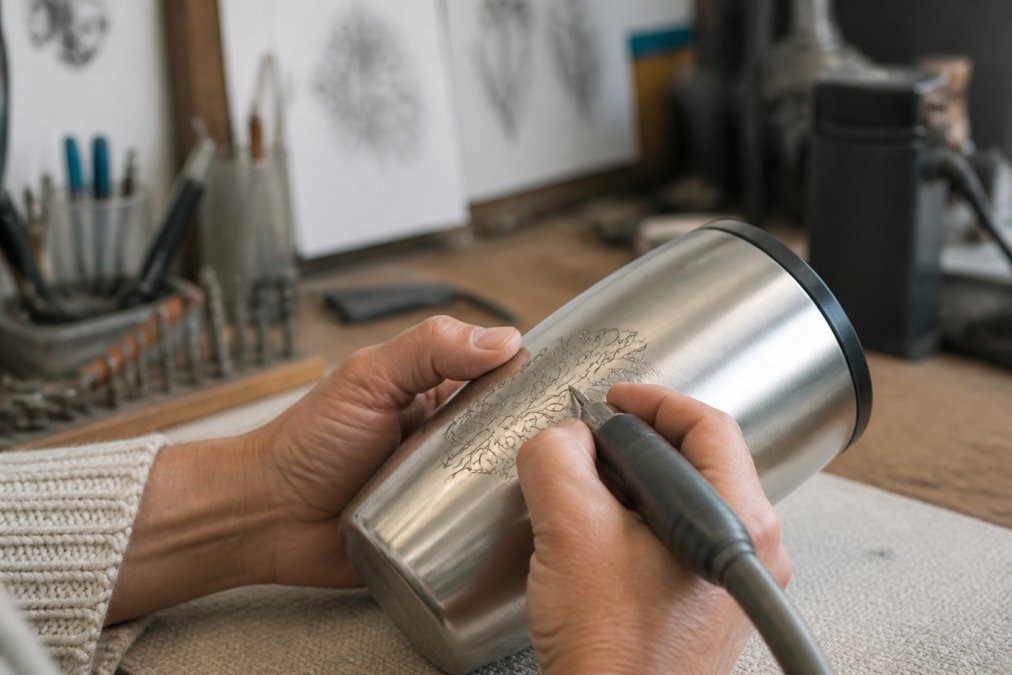 A close-up of an artisan's hands carefully etching a design onto a stainless steel tumbler in a bright, organized workshop, with tools and sketches visible in the background