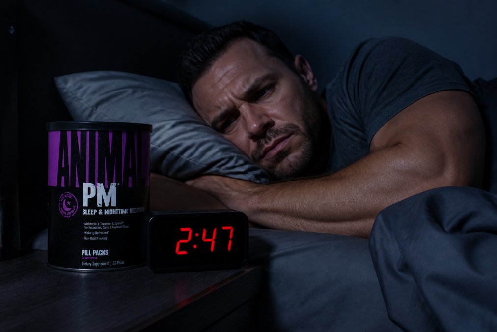 Exhausted athlete lying in bed at night, staring at a glowing clock showing 2:47 AM, dim blue bedroom lighting, clearly struggling to fall asleep with tension visible in facial expression