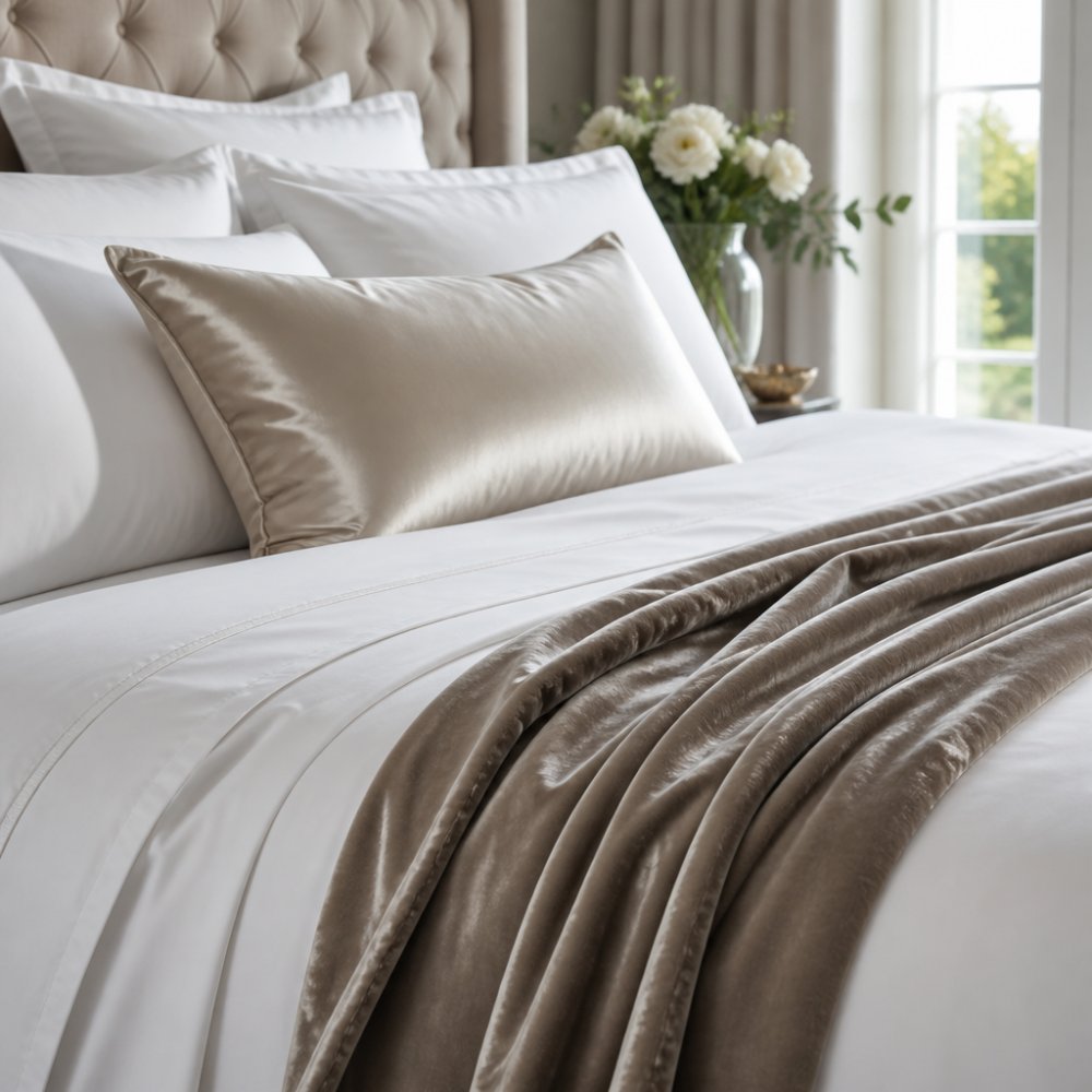 A neatly made bed with crisp white sheets, a silk pillow, and a soft velvet throw, reflecting what kind of bedding do rich