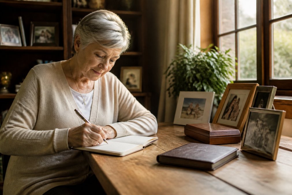 An older woman writing a legacy letter in a journal by a sunlit wooden desk with family photos nearby.