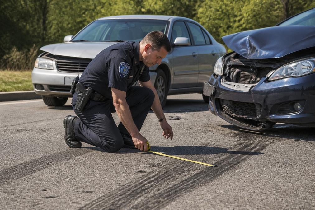 A police officer in uniform kneeling on the asphalt documenting skid marks with a measuring tape beside two damaged vehicles on a sunny roadside