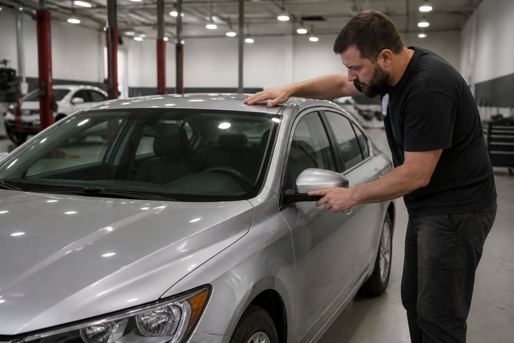 Professional technician carefully inspecting the hood and roof of a silver sedan for hail damage in a bright, modern repair facility with overhead lighting