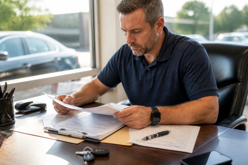 Vehicle owner reviewing warranty documentation and repair paperwork at a desk with car keys and mobile phone nearby, with natural daylight streaming through office windows