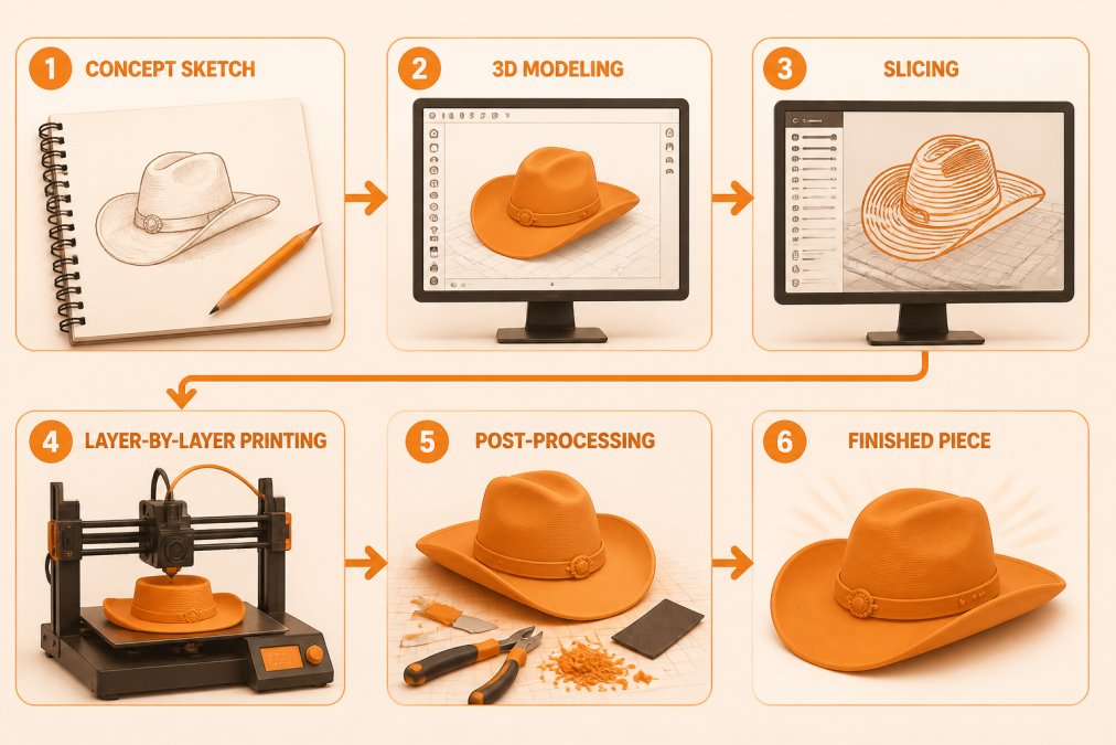 Flowchart showing the 3D-printed art process: 1 concept sketch, 2 3D modeling in CAD software, 3 slicing the file into layers, 4 layer-by-layer printing, 5 post-processing and cleanup, 6 finished piece