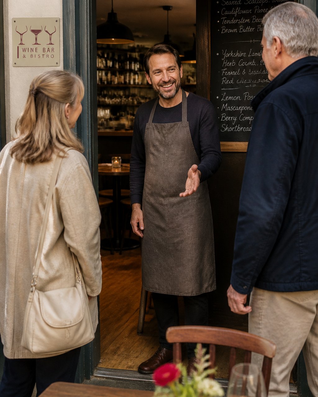 A family member in an apron greeting regular diners at the door of a small, warmly lit bistro with wooden tables and a chalkboard menu visible behind them