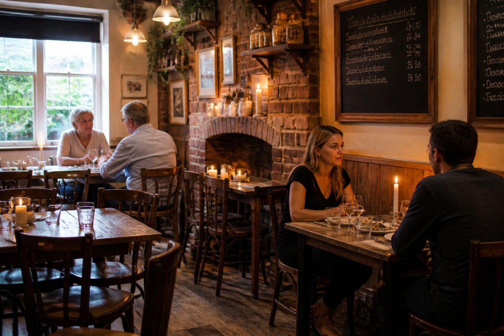 Warm interior of a small, rustic bistro with wooden tables, soft candlelight, chalkboard menus on the wall, and a few diners enjoying an intimate meal in a cosy setting