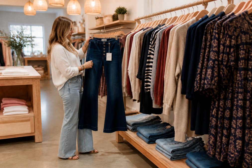 Woman browsing neatly organized clothing racks in a well-lit boutique with warm ambient lighting, minimalist wooden displays, and carefully curated seasonal collections