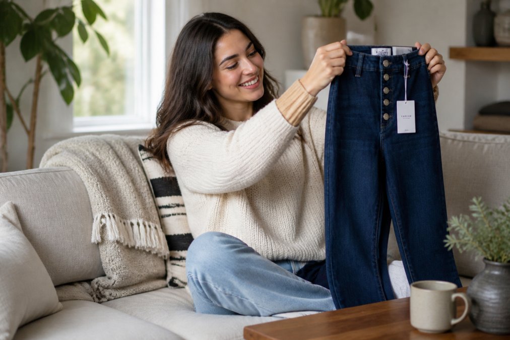 Customer smiling while browsing a boutique website on a laptop in a cozy home setting, surrounded by natural light, viewing curated clothing collections and detailed product images