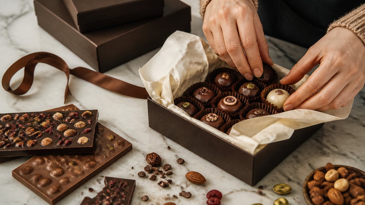 Close-up of artisanal chocolate bars with visible texture and ingredient pieces scattered around them on a marble surface, hands carefully arranging individual chocolates into an elegant gift box lined with cream tissue paper