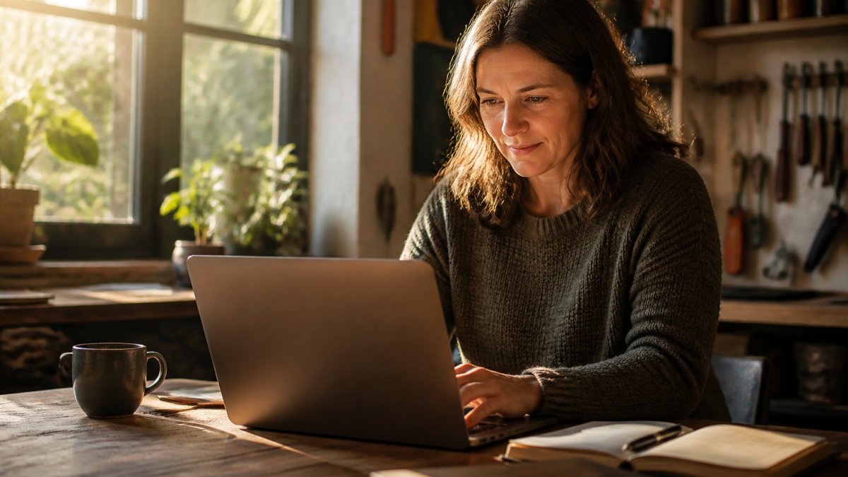 Author reviewing a branded client portal design on a laptop in a bright, sunlit home office workspace