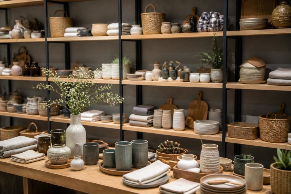 A carefully arranged display of diverse lifestyle products on shelves showing coordinated color palettes, balanced spacing, and clear visual hierarchy that creates an inviting and cohesive shopping environment