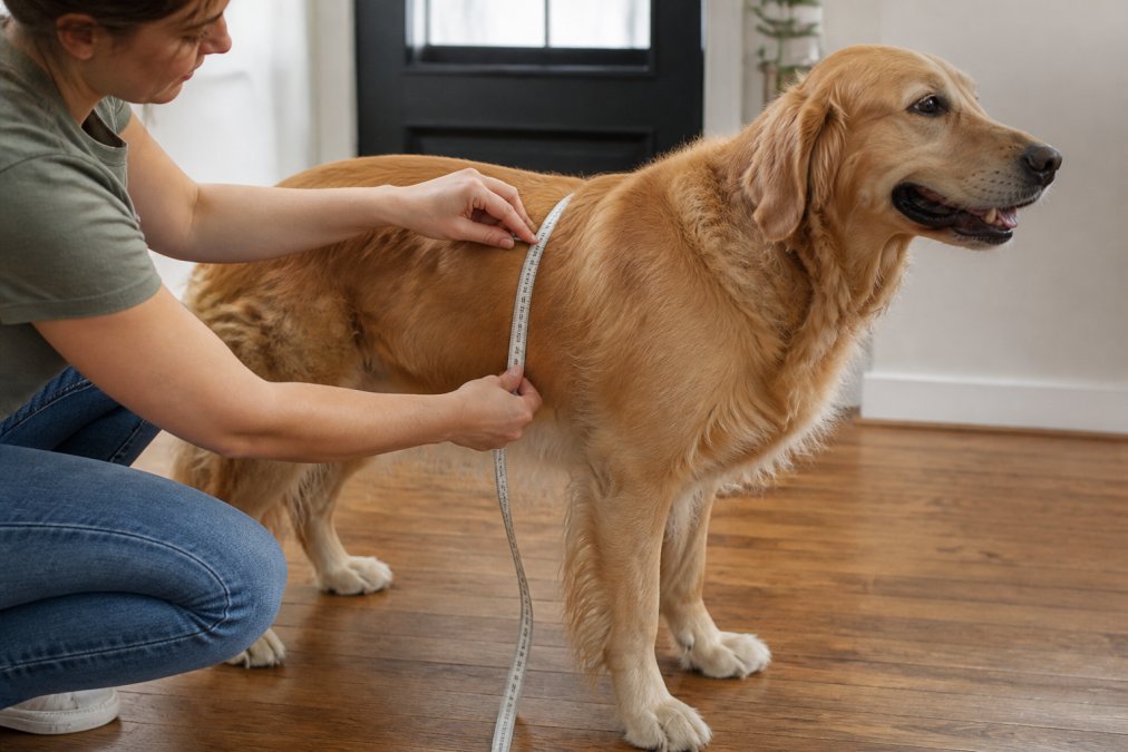 Dog owner measuring a golden retriever's chest with a soft fabric measuring tape while the dog stands calmly on a hardwood floor, showing proper measurement technique with the tape positioned just behind the front legs