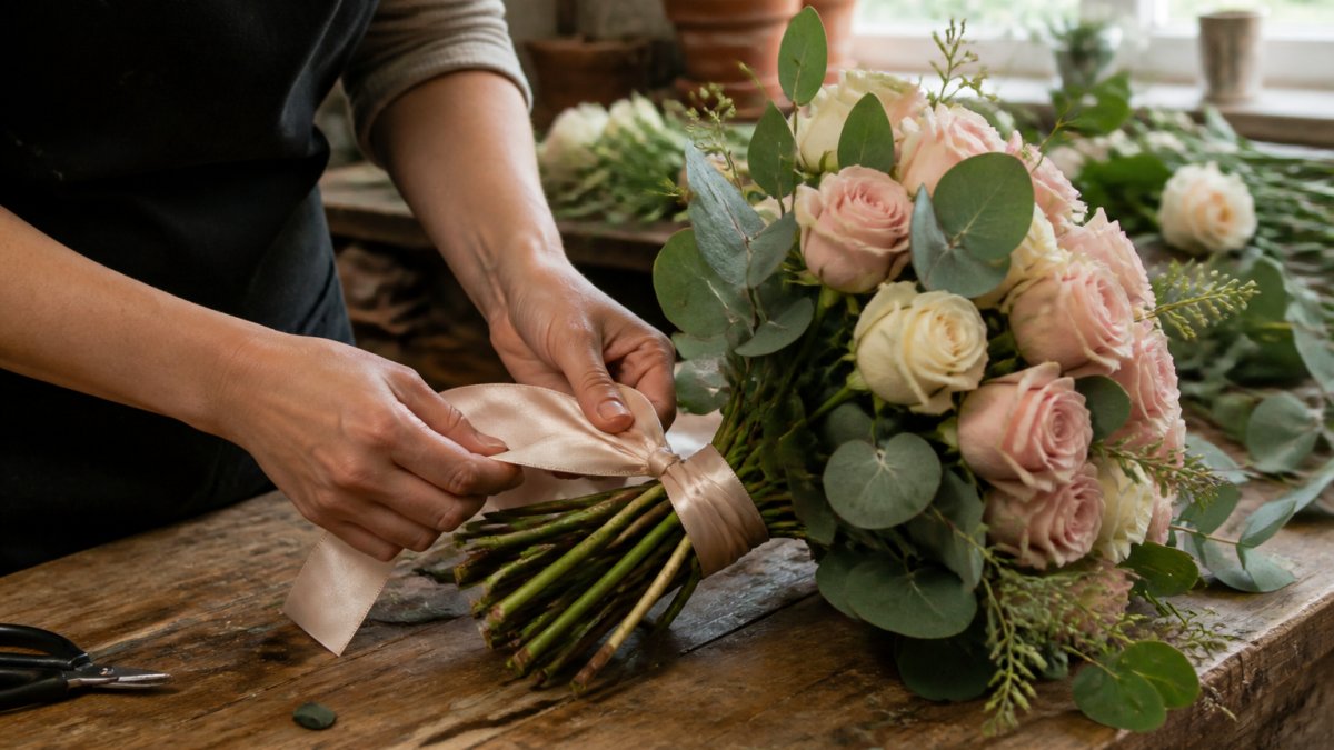 Close-up of a florist's hands tying a satin ribbon around a hand-tied bouquet of fresh roses and eucalyptus on a wooden workbench, soft daylight from a nearby window