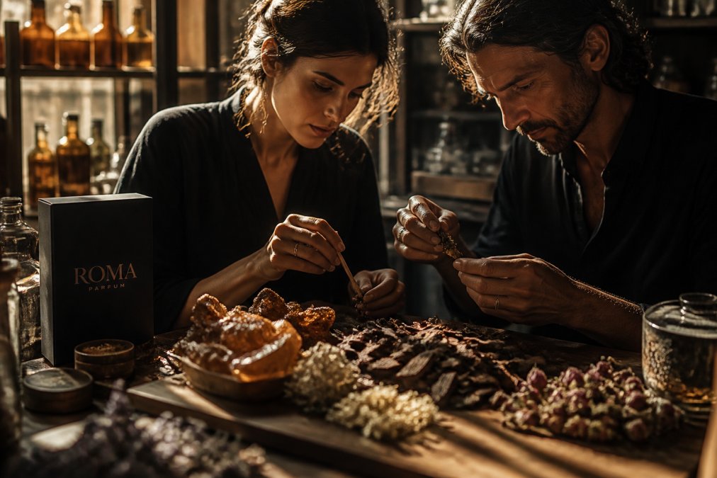 Close-up of premium fragrance ingredients including amber resin, oud wood shavings, and exotic dried botanicals arranged on a wooden apothecary surface with warm natural light filtering through glass bottles