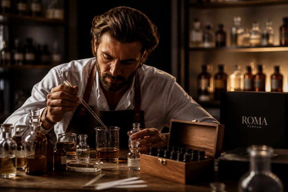Perfumer's hands carefully measuring and blending fragrance oils in glass vessels within a boutique fragrance laboratory, surrounded by vintage apothecary bottles and wooden workbench with warm studio lighting