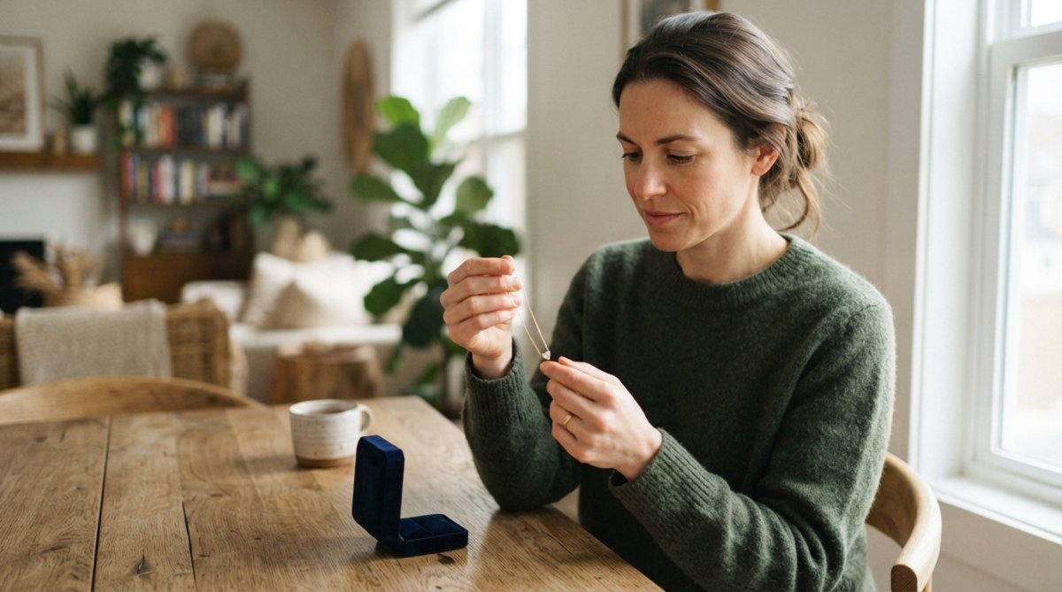 Person carefully examining a piece of jewelry in natural light, holding it at different angles with genuine consideration and a thoughtful expression, in a modern home setting