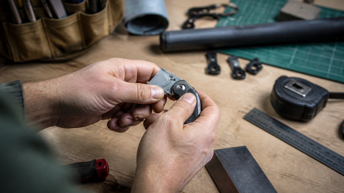 Hands examining a compact utility knife featuring smooth one-handed blade deployment and a secure ergonomic grip.