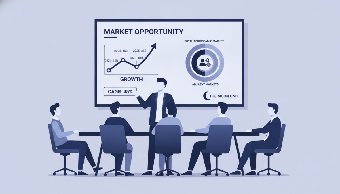 Founder presenting pitch deck on large screen to investors seated around conference table, presenter pointing at market opportunity slide with growth chart