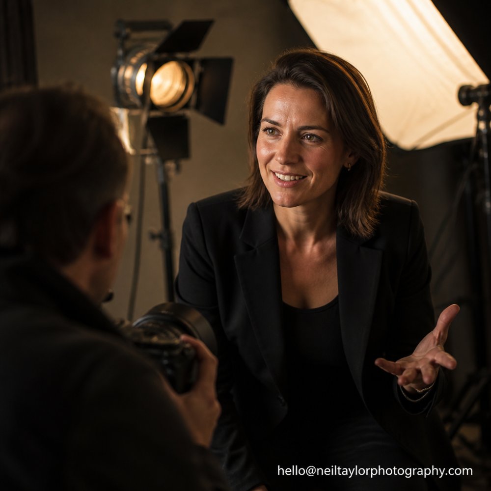 Professional actor in studio setting with confident, natural facial expression, relaxed shoulders, and warm lighting highlighting authentic engagement and presence