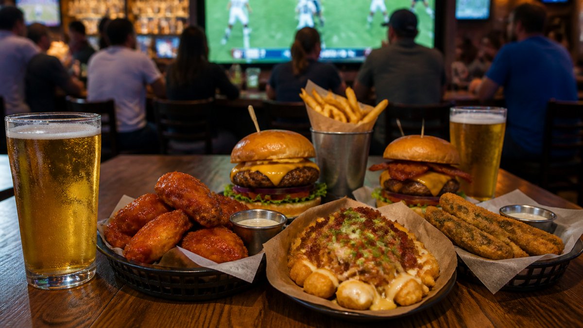Overhead shot of a rustic wooden table laden with golden-fried wings, thick burgers with melted cheese, crispy appetizers, and cold beer glasses sweating with condensation, with a sports game visible on a TV screen in the blurred background