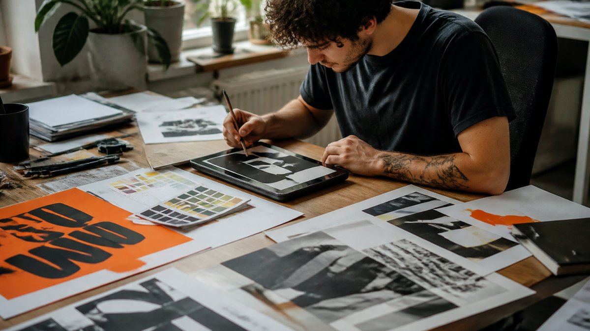 A graphic designer at a desk covered in printed poster drafts, color swatches, and a tablet showing a bold typographic layout, natural window light