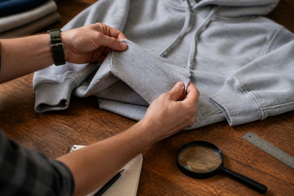 Hands inspecting the reinforced seams and fabric texture to determine what makes a hoodie high quality