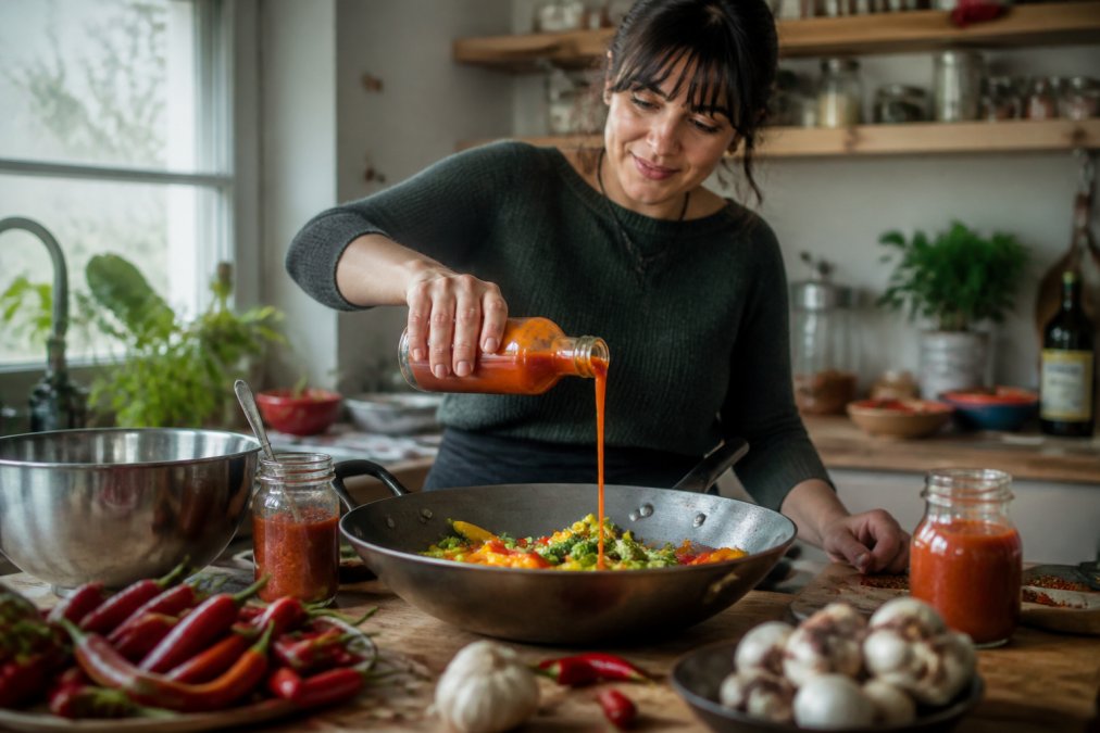 A home cook in a bright kitchen pouring a small-batch chilli sauce from a glass bottle over a colourful stir-fry, surrounded by fresh chillies, garlic and mixing bowls