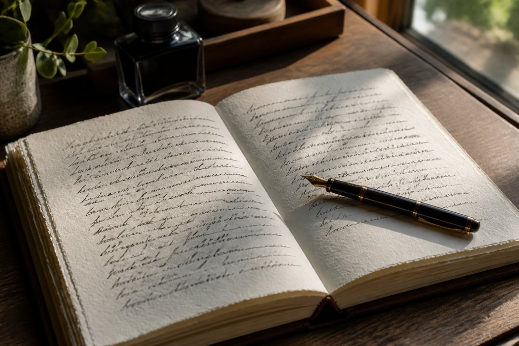 Close-up of an open journal displaying handwritten text with fountain pen, natural light illuminating the paper texture, binding, and fine calligraphy on cream-colored cotton rag paper