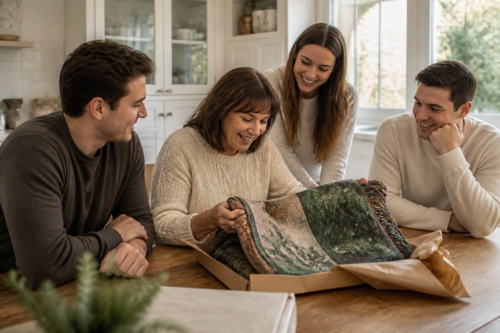 A family gathered around a kitchen table, a mother unwrapping a custom woven blanket while her adult children watch with warm smiles, natural daylight streaming through a nearby window