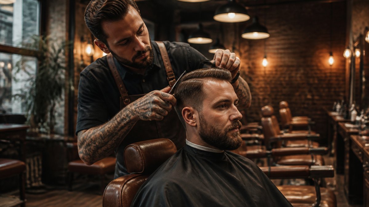 A barber in a modern barbershop giving a client a precision haircut, warm lighting, a leather chair, and a relaxed upscale atmosphere