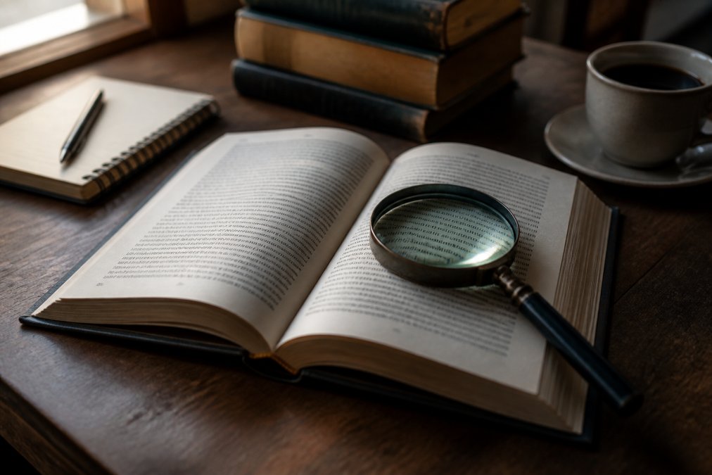 A close-up of an open mystery novel on a wooden desk with a magnifying glass, a notebook, and a cup of coffee, warm lighting, inviting reading atmosphere