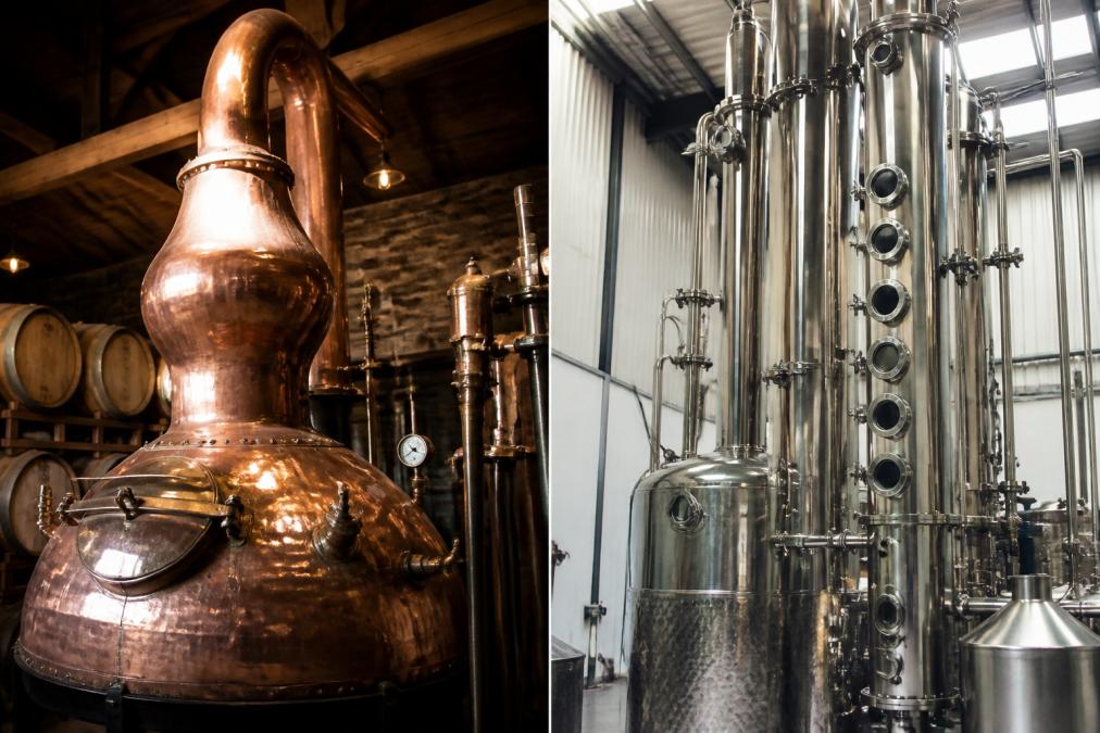 A close-up view of a small copper pot still in a craft distillery, warm ambient lighting reflecting off the polished metal surface, with oak barrels stacked in the background