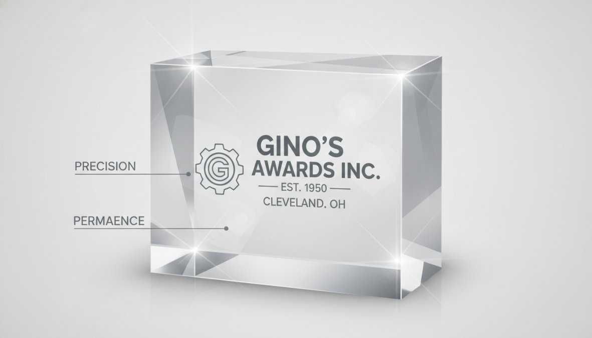 Close-up of a finely engraved crystal award showing detailed text and logo with light reflecting off the polished surface to highlight the precision of the engraving work
