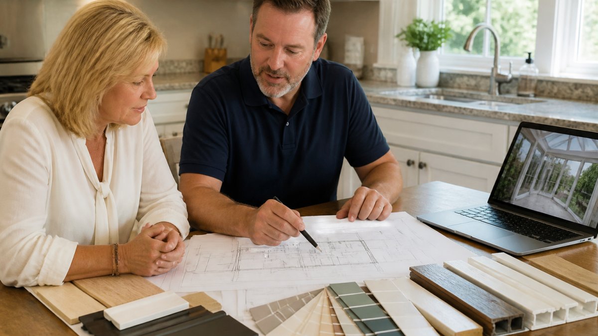 A homeowner and a professional sunroom contractor reviewing blueprints and material samples at a kitchen table, with a laptop showing project photos nearby