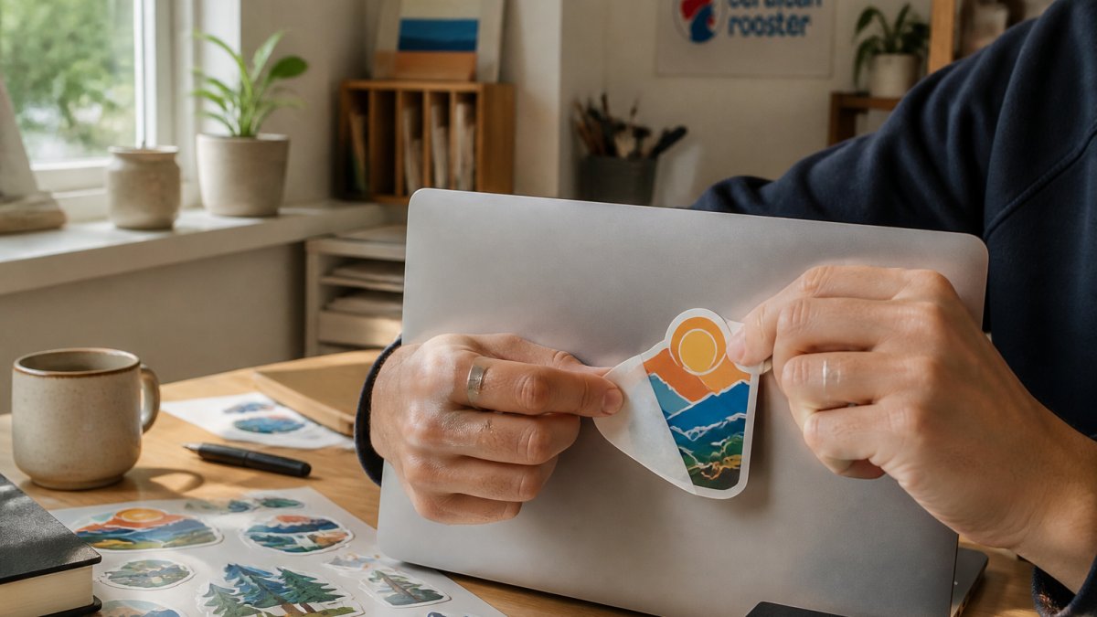 Close-up of hands peeling a vibrant vinyl sticker off its backing and pressing it onto a laptop lid in a cozy home studio with warm afternoon light