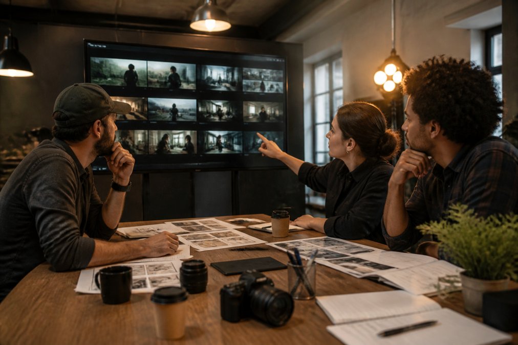 A creative team reviewing storyboards and video clips on a large monitor in a modern production studio, warm overhead lighting, notebooks and coffee cups on the table