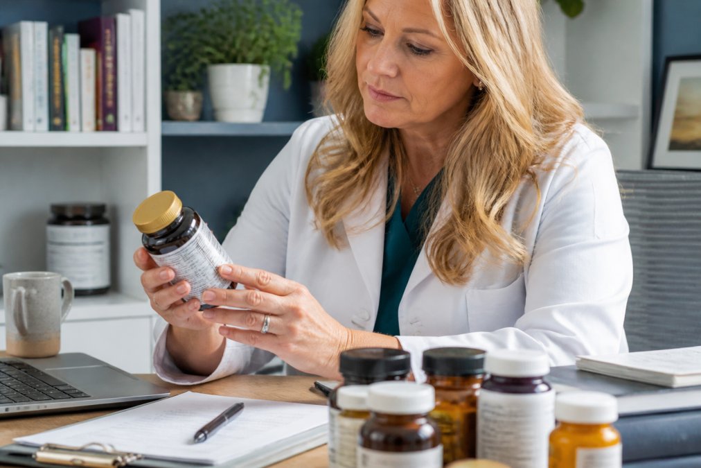 Professional examining a supplement facts label to identify what makes a supplement truly clean and pure.