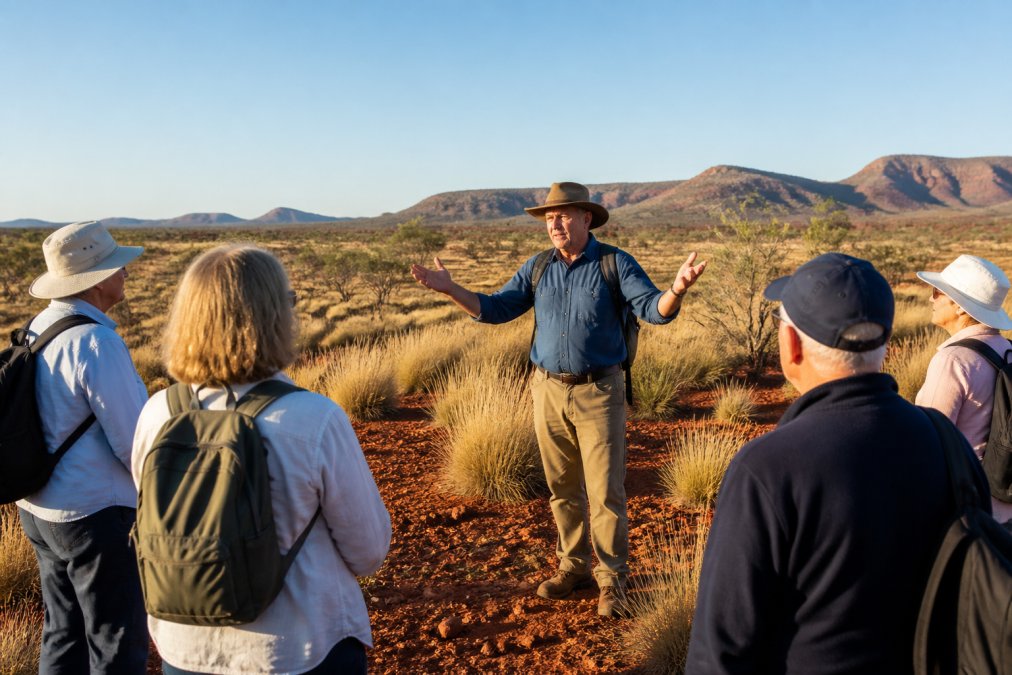 A confident, mature tour guide gesturing expressively while leading a small group of adult travellers through a scenic outback landscape, warm afternoon light casting long shadows across red earth and spinifex