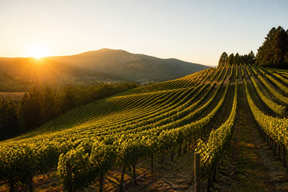Panoramic hillside vineyard at golden hour with row-planted grapevines on sloped terrain, warm sunlight streaming across the landscape creating distinct shadows between vine rows